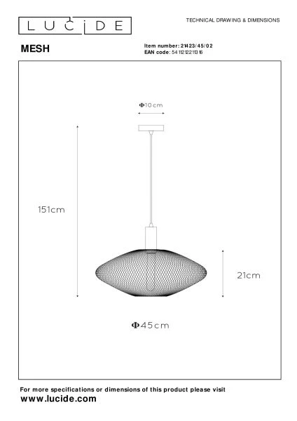 Lucide MESH - Suspension - Ø 45 cm - 1xE27 - Or Mat / Laiton - TECHNISCH